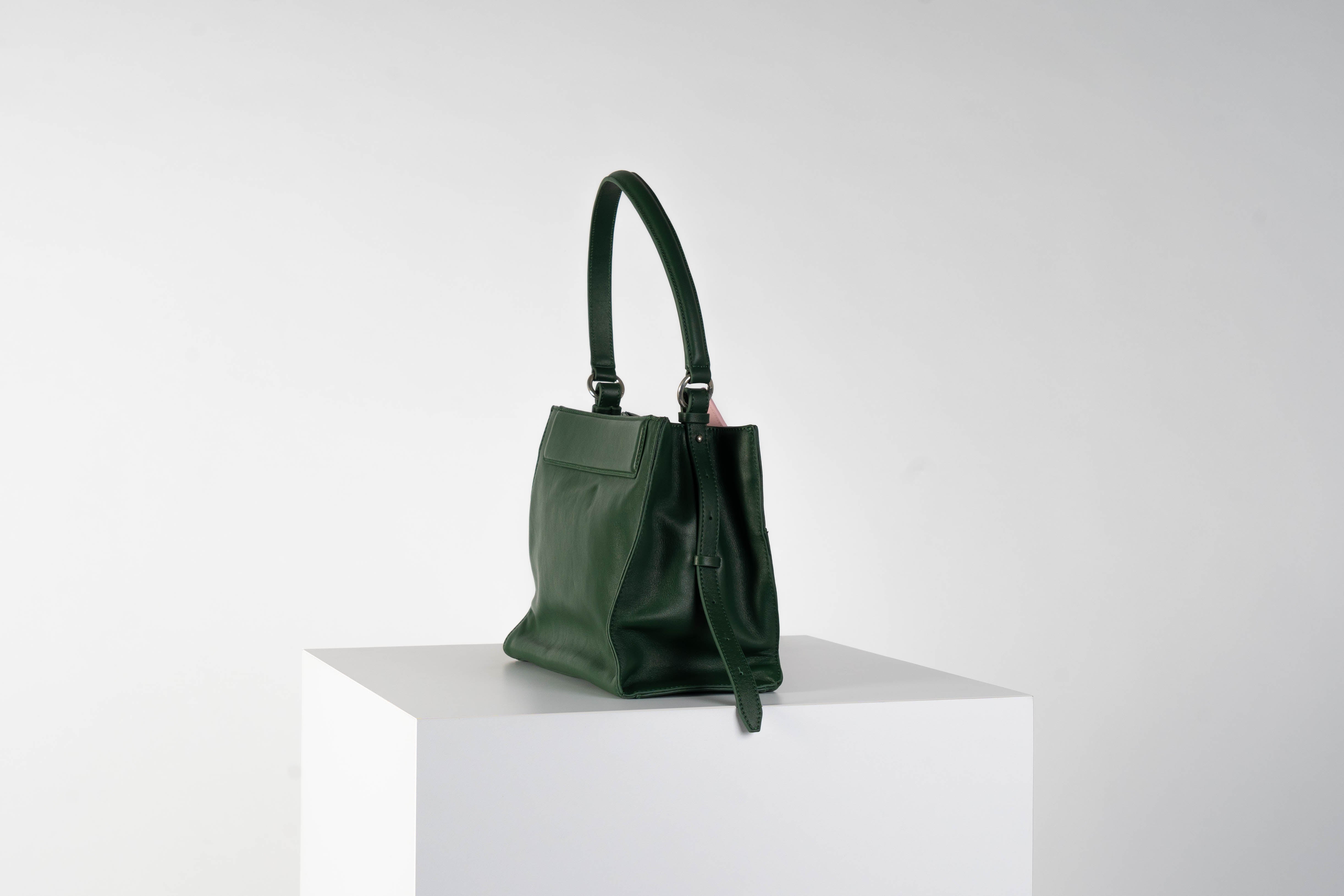 Leather shoulder bag in emerald with coral pouch (sold out)