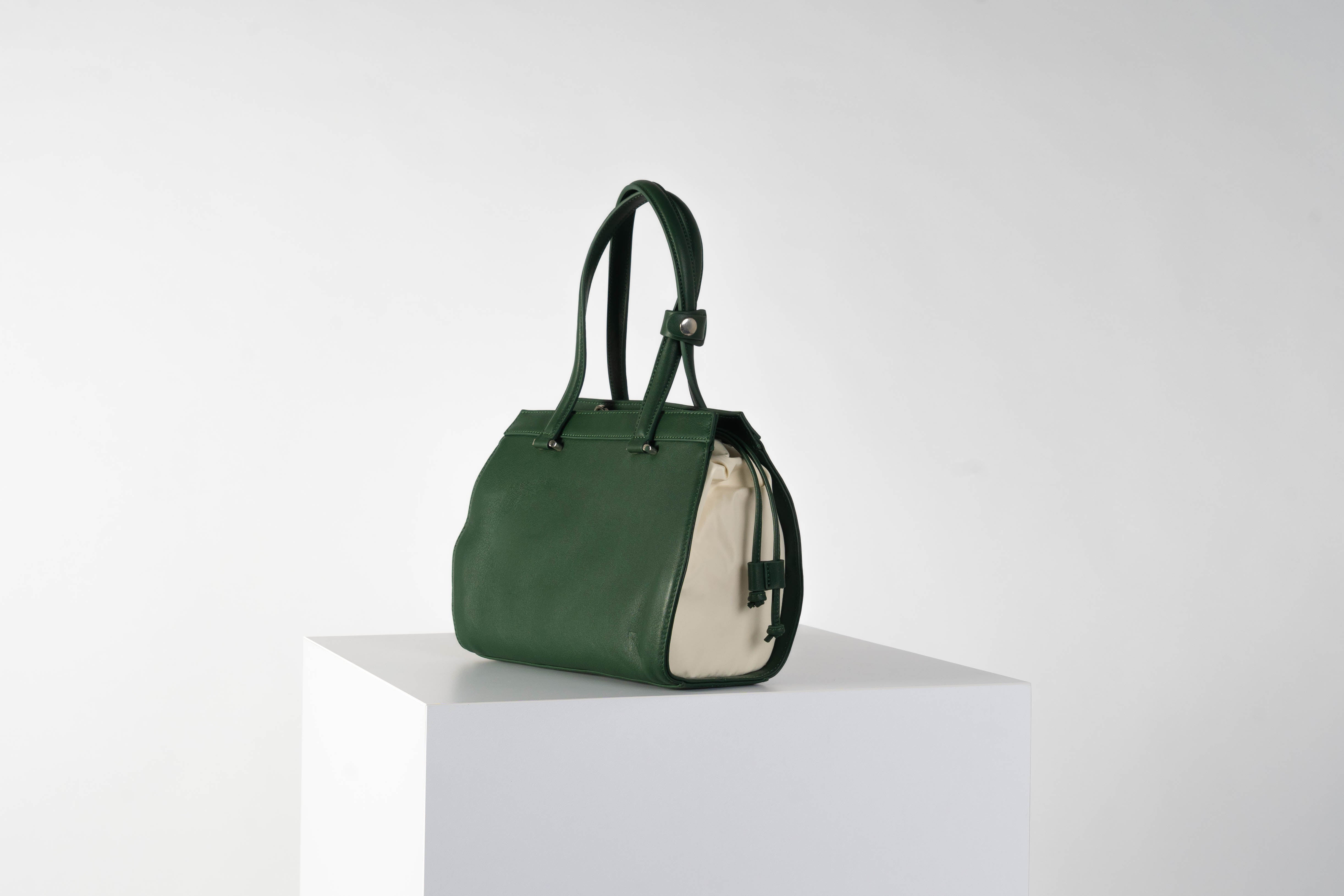 Supple Leather Gusset Bag In Emerald With Cream Gusset