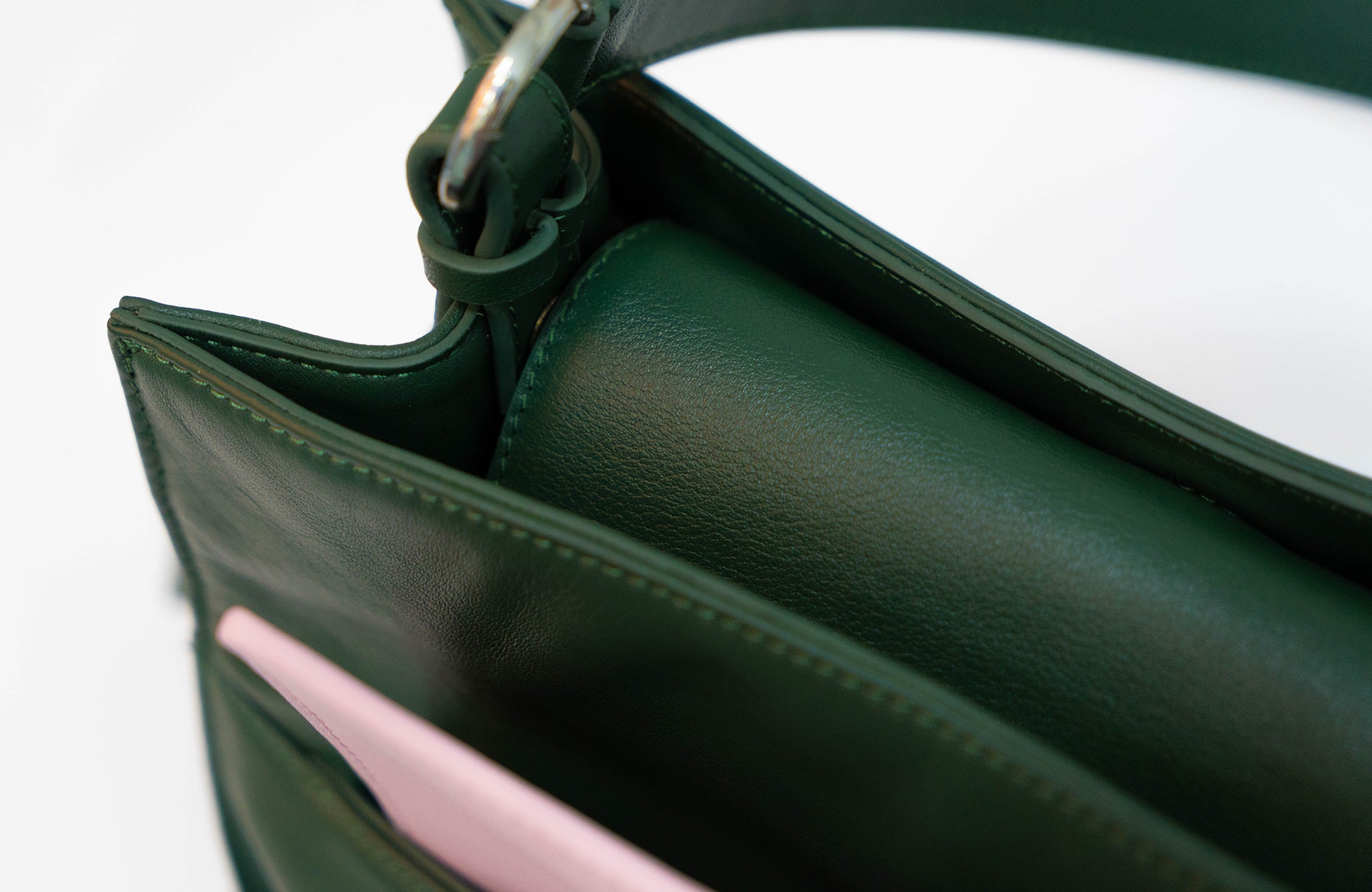 Leather shoulder bag in emerald with coral pouch (sold out)